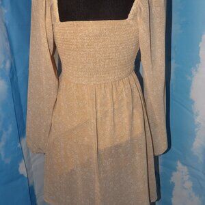 JAPAA XS  Light Tan DRESS Sheer Long Sleeve/Elastic Bodfice/2 Layer Full Skirt